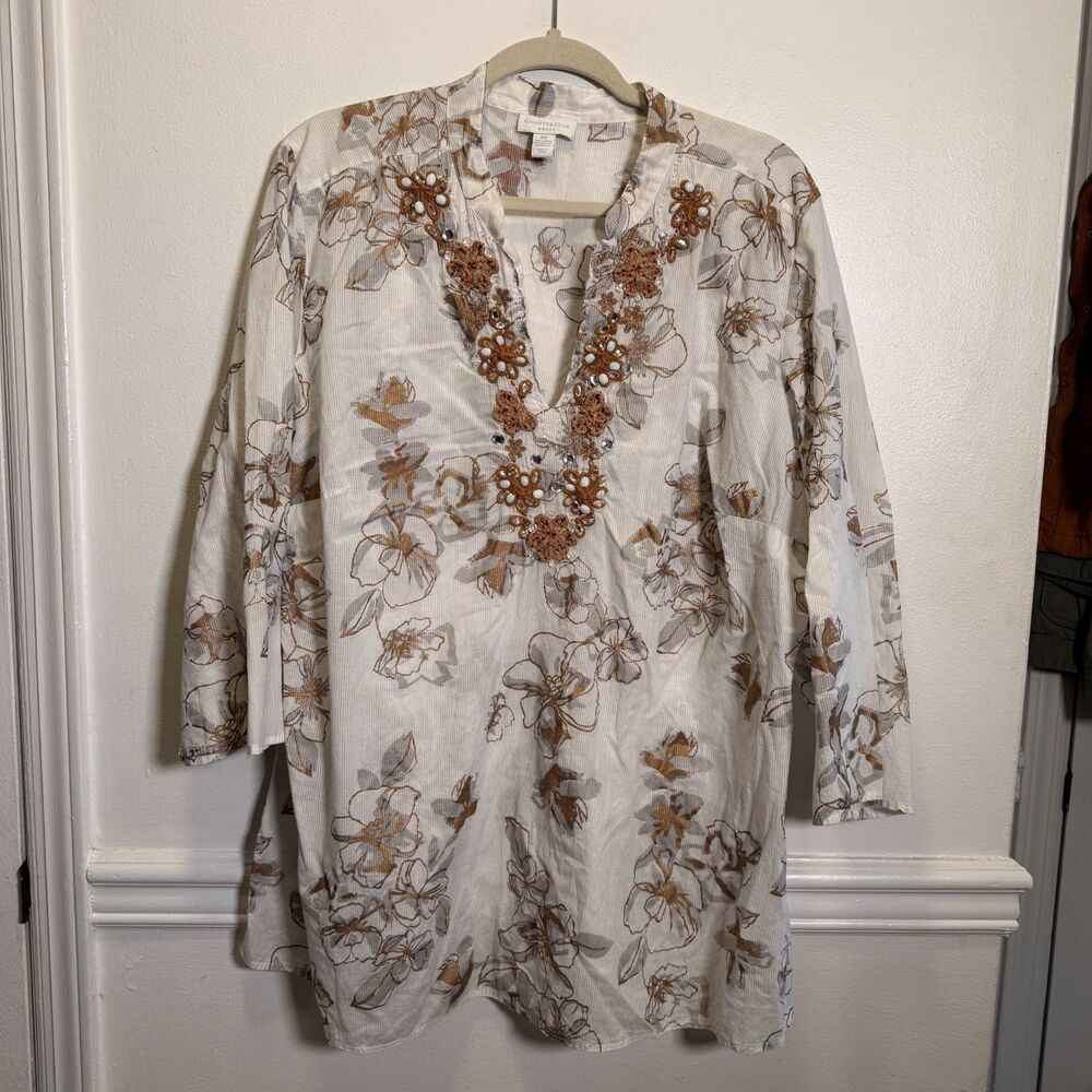 Charter Club Woman 18W Floral Tunic Blouse Beaded Embellished Cotton Boho